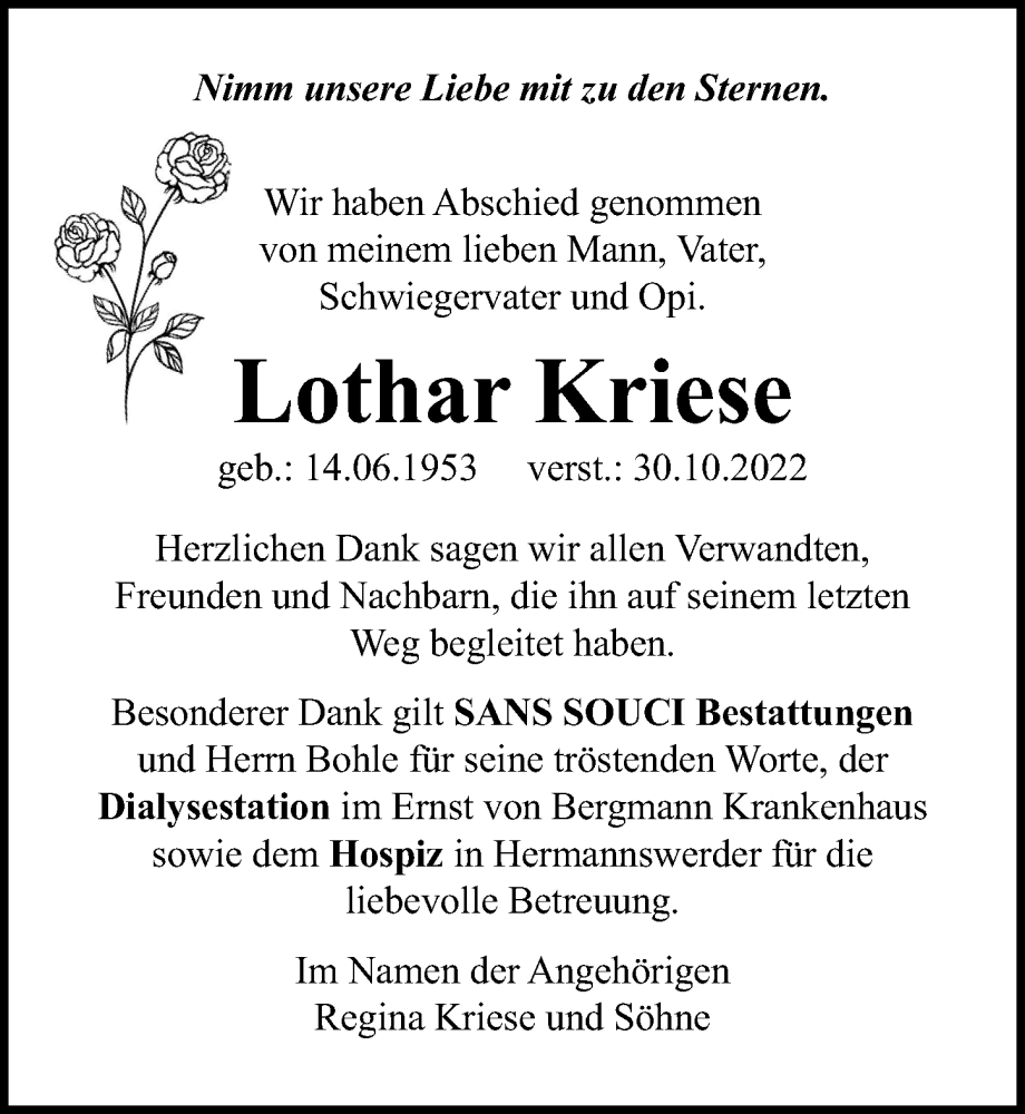  Traueranzeige für Lothar Kriese vom 10.12.2022 aus Märkischen Allgemeine Zeitung