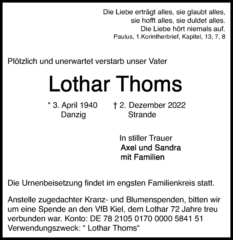  Traueranzeige für Lothar Thoms vom 17.12.2022 aus Kieler Nachrichten