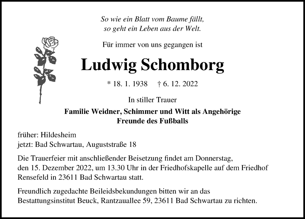  Traueranzeige für Ludwig Schomborg vom 11.12.2022 aus Lübecker Nachrichten
