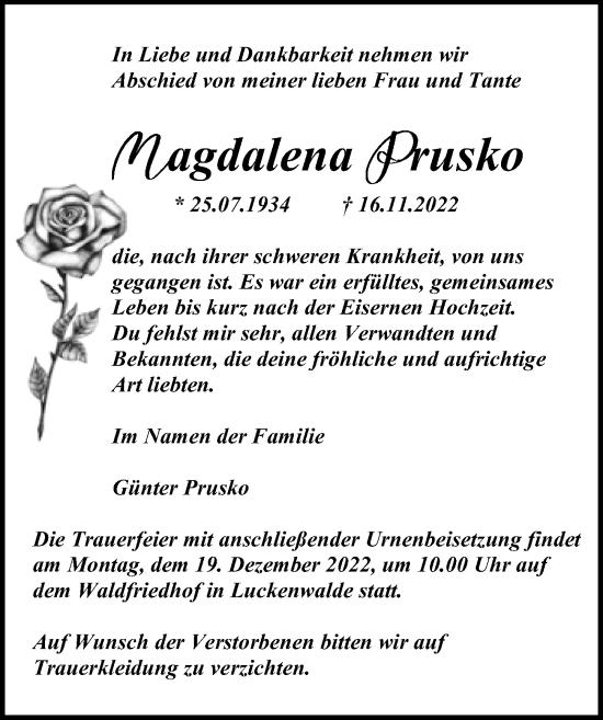 Traueranzeige von Magdalena Prusko von Märkischen Allgemeine Zeitung