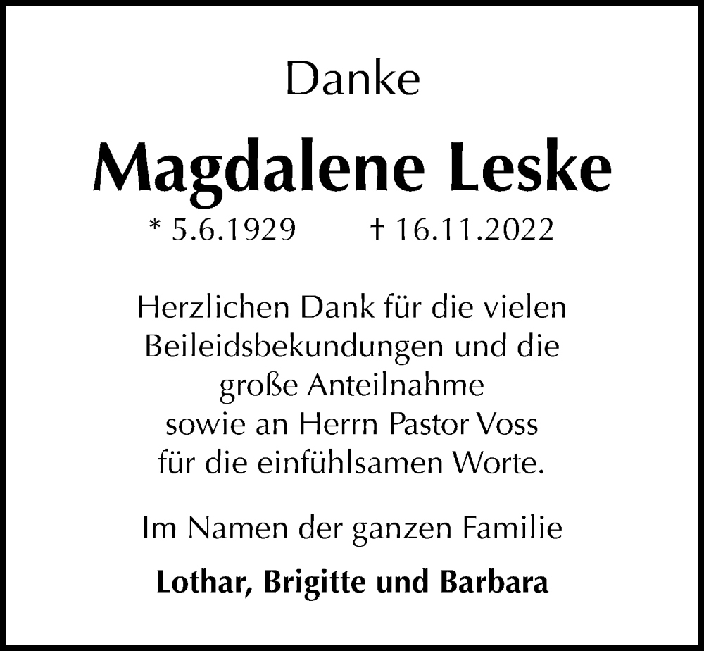  Traueranzeige für Magdalene Leske vom 03.12.2022 aus Göttinger Tageblatt