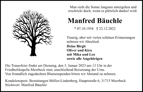 Traueranzeige von Manfred Bäuchle von Schaumburger Nachrichten