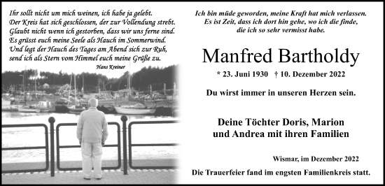 Traueranzeige von Manfred Bartholdy von Ostsee-Zeitung GmbH