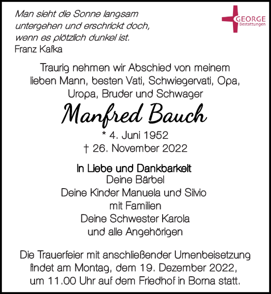 Traueranzeige von Manfred Bauch von Leipziger Volkszeitung