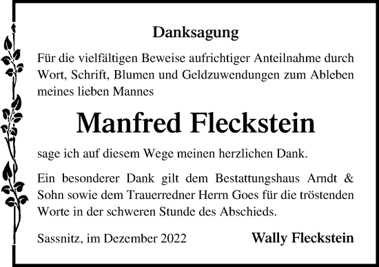 Traueranzeige von Manfred Fleckstein von Ostsee-Zeitung GmbH