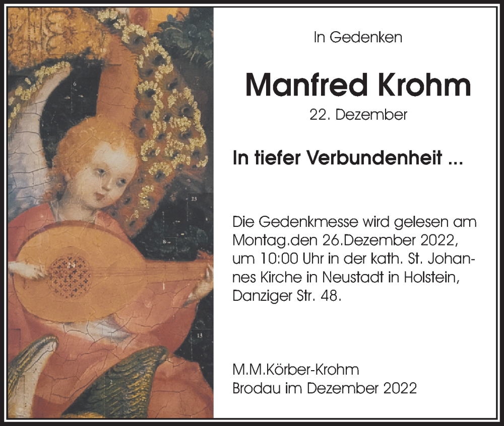  Traueranzeige für Manfred Krohm vom 22.12.2022 aus Lübecker Nachrichten