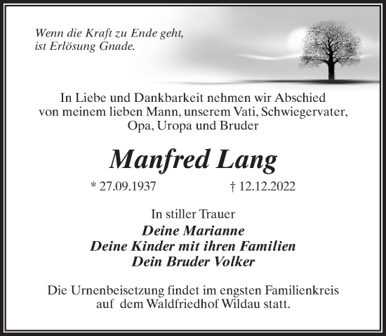 Traueranzeige von Manfred Lang von Märkischen Allgemeine Zeitung