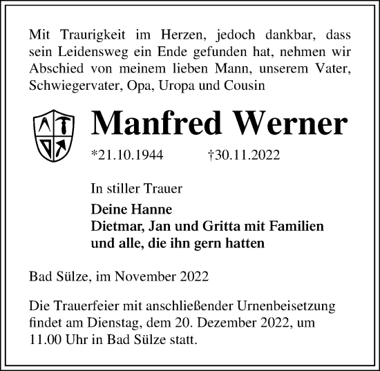 Traueranzeige von Manfred Werner von Ostsee-Zeitung GmbH