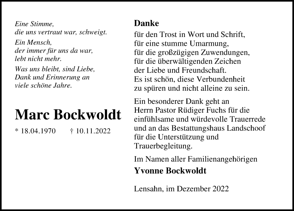  Traueranzeige für Marc Bockwoldt vom 17.12.2022 aus Lübecker Nachrichten