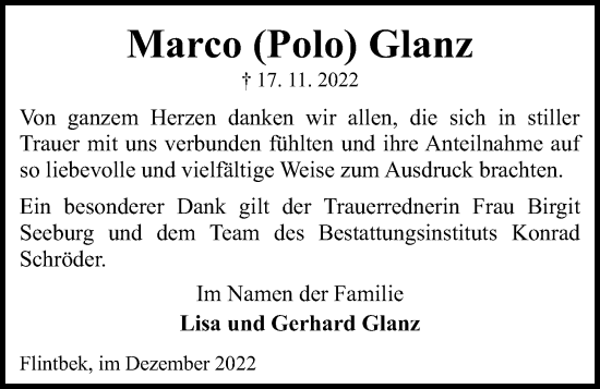 Traueranzeige von Marco Glanz von Kieler Nachrichten
