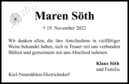 Traueranzeige von Maren Söth von Kieler Nachrichten