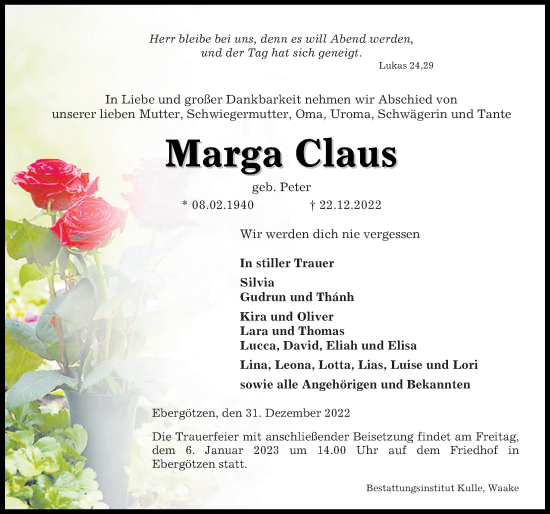 Traueranzeige von Marga Claus von Göttinger Tageblatt