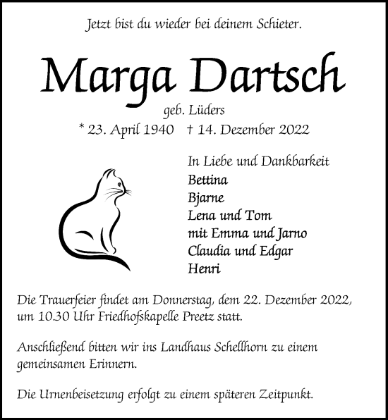 Traueranzeige von Marga Dartsch von Kieler Nachrichten