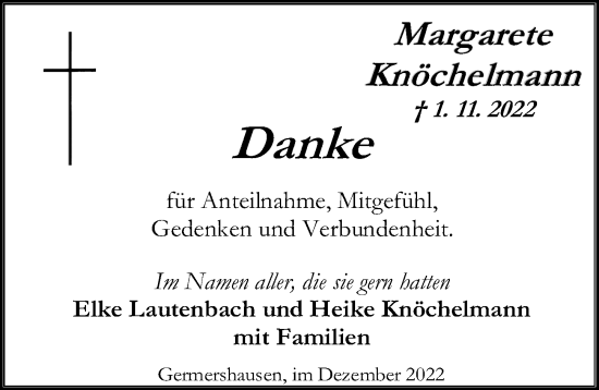Traueranzeige von Margarete Knöchelmann von Eichsfelder Tageblatt