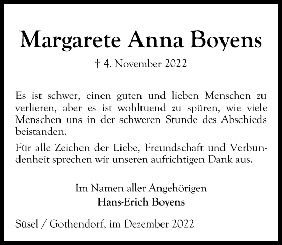 Traueranzeige von Margarete Anna Boyens von Lübecker Nachrichten
