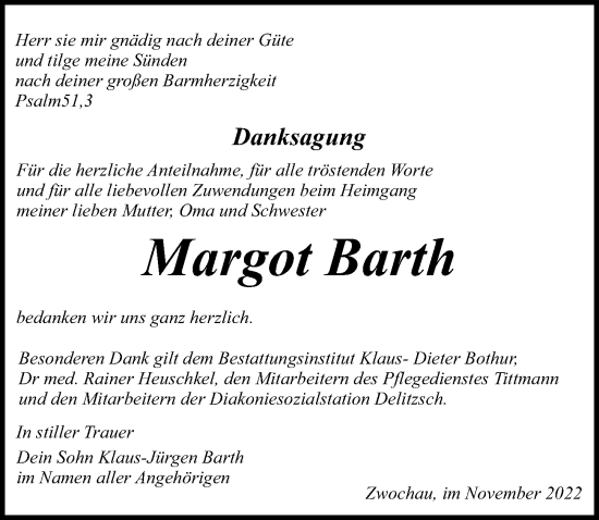 Traueranzeige von Margot Barth von Leipziger Volkszeitung