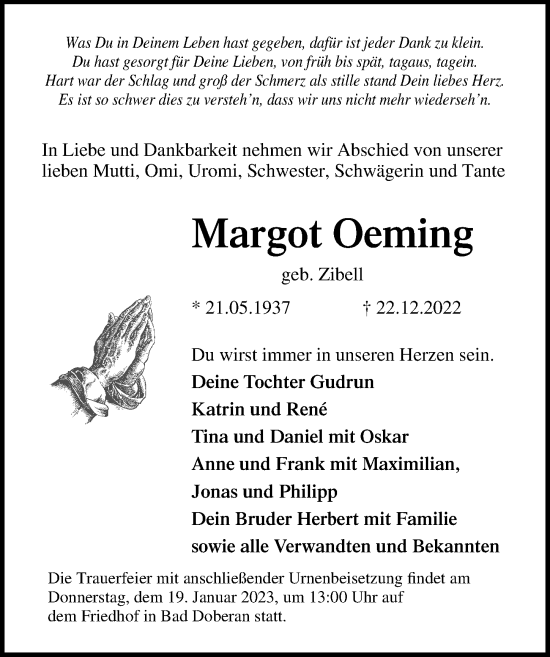Traueranzeige von Margot Oeming von Ostsee-Zeitung GmbH