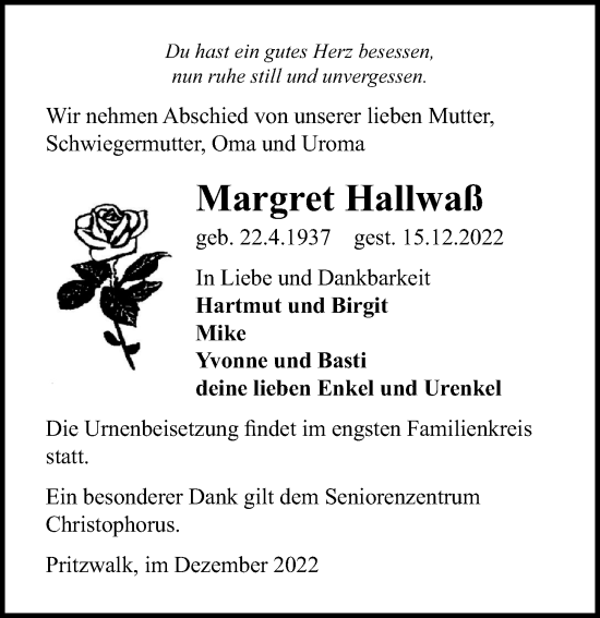 Traueranzeige von Margret Hallwaß von Märkischen Allgemeine Zeitung