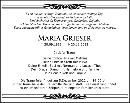 Traueranzeige von Maria Grieser von Ostsee-Zeitung GmbH