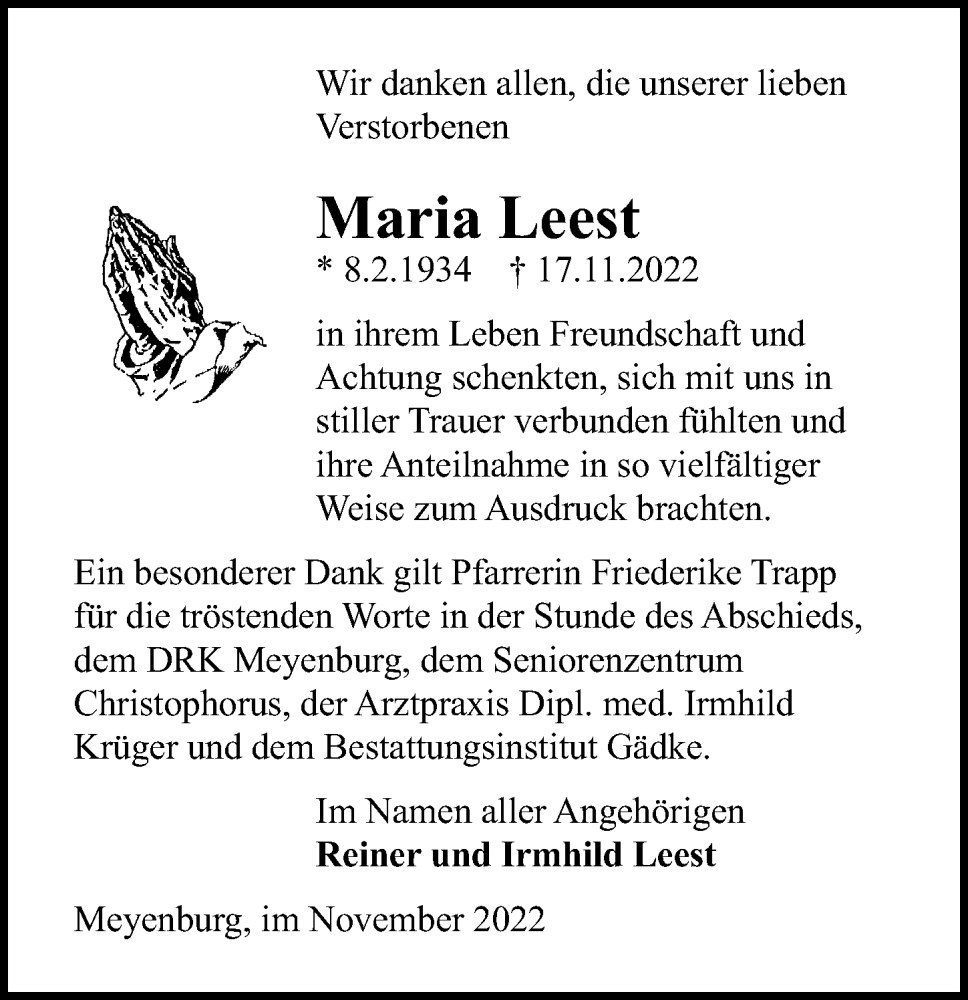  Traueranzeige für Maria Leest vom 10.12.2022 aus Märkischen Allgemeine Zeitung