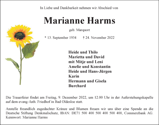 Traueranzeige von Marianne Harms von Lübecker Nachrichten