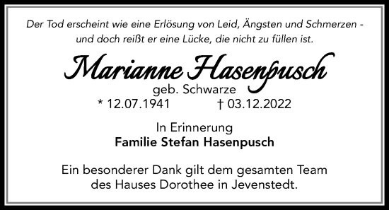 Traueranzeige von Marianne Hasenpusch von Kieler Nachrichten