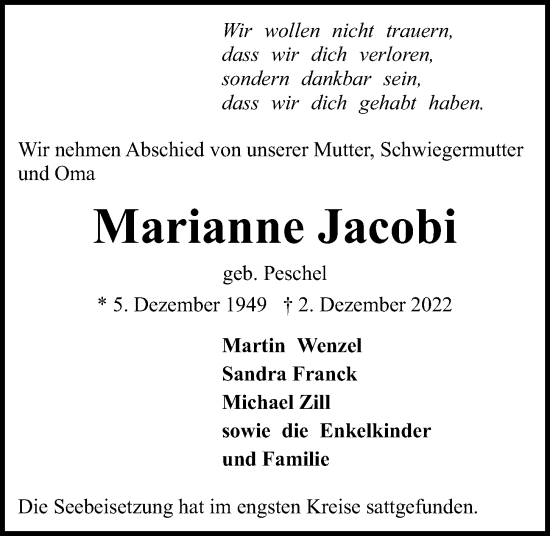 Traueranzeige von Marianne Jacobi von Kieler Nachrichten