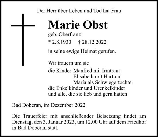Traueranzeige von Marie Obst von Ostsee-Zeitung GmbH