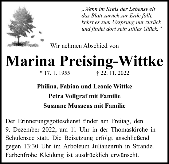 Traueranzeige von Marina Preising-Wittke von Kieler Nachrichten