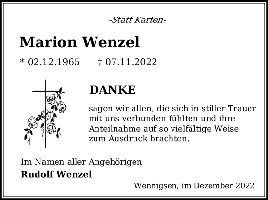 Traueranzeige von Marion Wenzel von Hannoversche Allgemeine Zeitung/Neue Presse