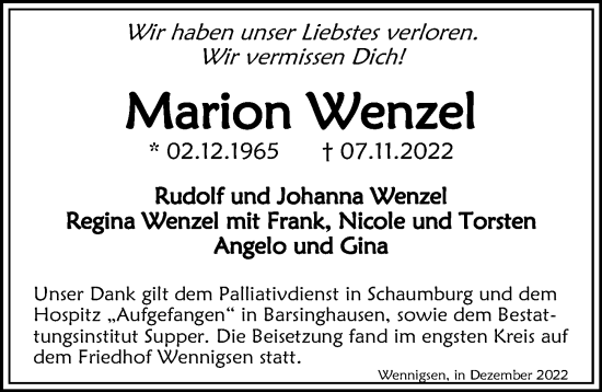 Traueranzeige von Marion Wenzel von Hannoversche Allgemeine Zeitung/Neue Presse