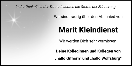 Traueranzeige von Marit Kleindienst von Aller Zeitung