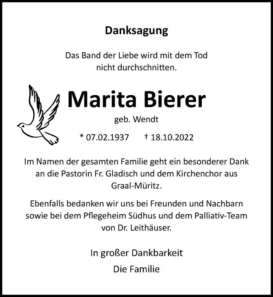  Traueranzeige für Marita Bierer vom 03.12.2022 aus Ostsee-Zeitung GmbH