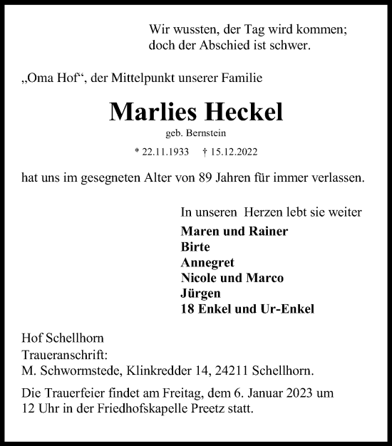 Traueranzeige von Marlies Heckel von Kieler Nachrichten