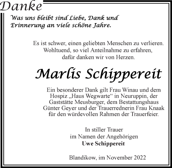 Traueranzeige von Marlies Schippereit von Märkischen Allgemeine Zeitung