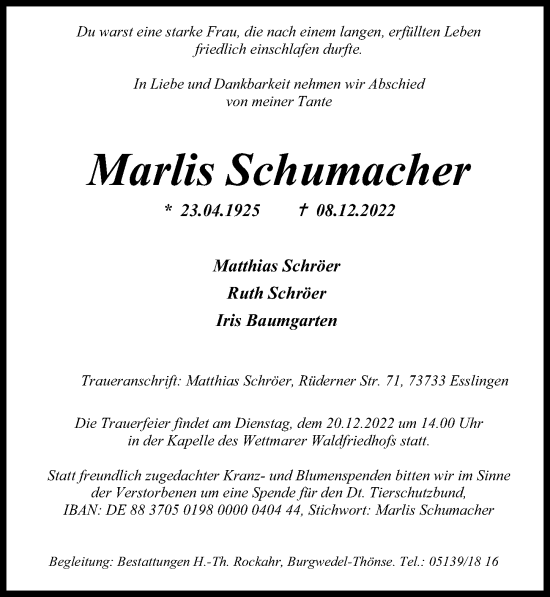 Traueranzeige von Marlis Schumacher von Hannoversche Allgemeine Zeitung/Neue Presse