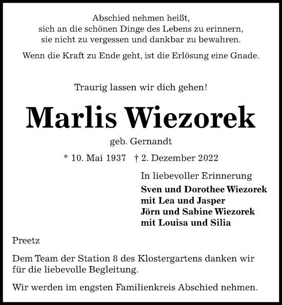 Traueranzeige von Marlis Wiezorek von Kieler Nachrichten