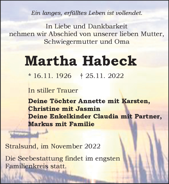 Traueranzeige von Martha Habeck von Ostsee-Zeitung GmbH