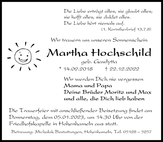 Traueranzeige von Martha Hochschild von Peiner Allgemeine Zeitung