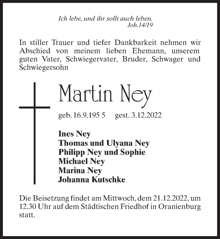  Traueranzeige für Martin Ney vom 17.12.2022 aus Märkischen Allgemeine Zeitung