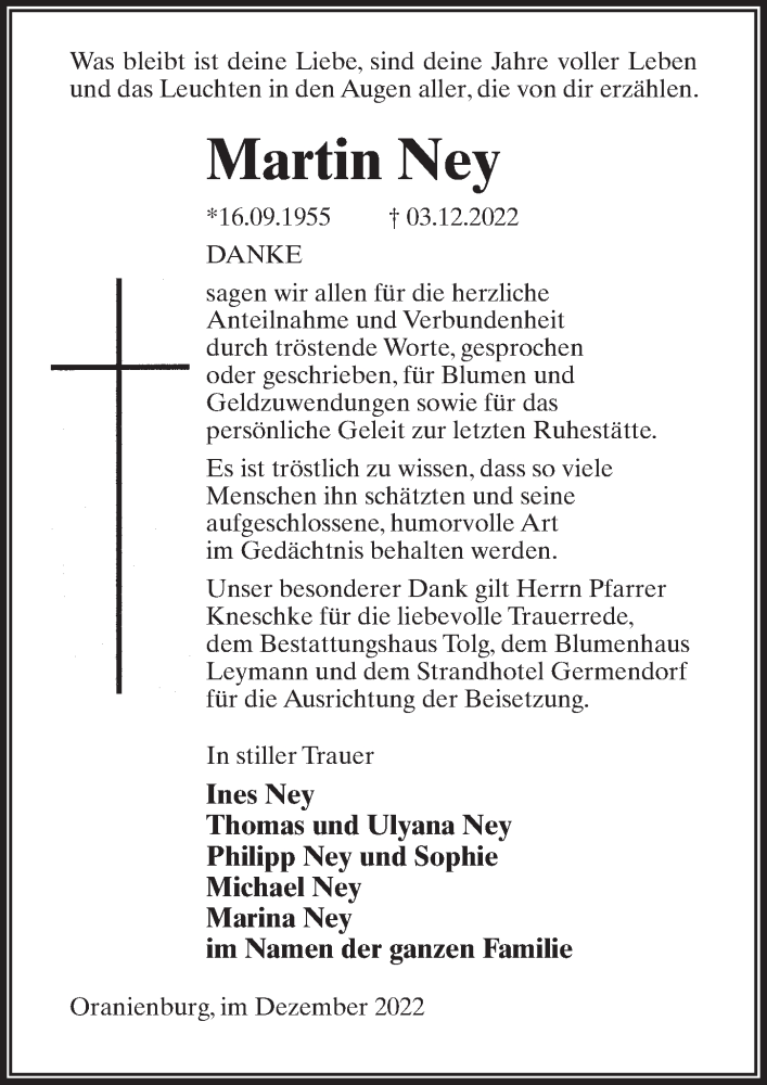  Traueranzeige für Martin Ney vom 31.12.2022 aus Märkischen Allgemeine Zeitung