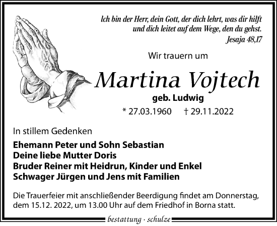 Traueranzeige von Martina Vojtech von Leipziger Volkszeitung