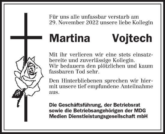 Traueranzeige von Martina Vojtech von Leipziger Volkszeitung