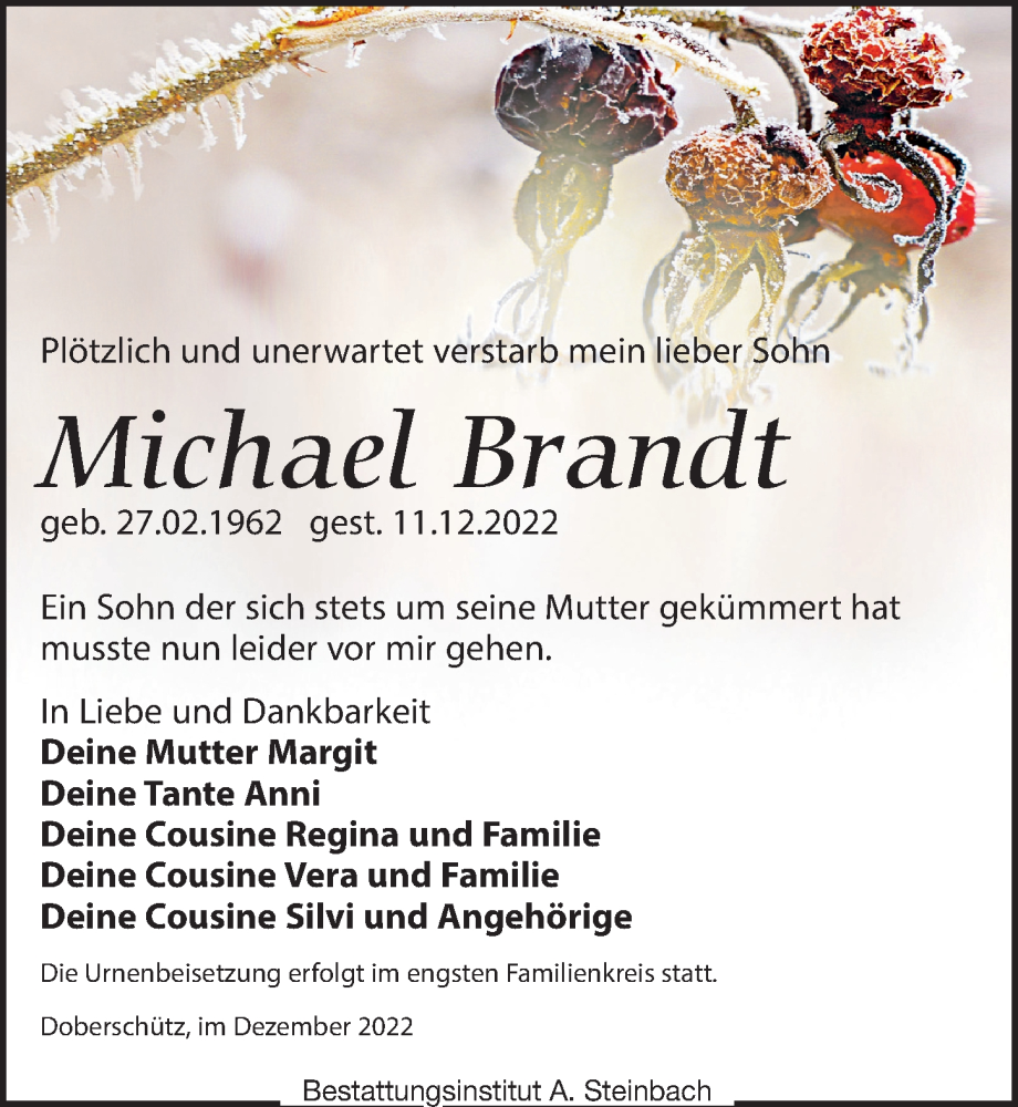 Traueranzeige für Michael Brandt vom 17.12.2022 aus Leipziger Volkszeitung