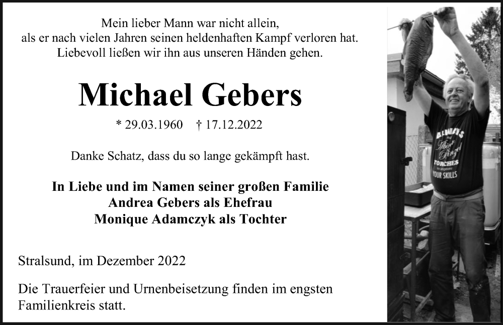  Traueranzeige für Michael Gebers vom 24.12.2022 aus Ostsee-Zeitung GmbH