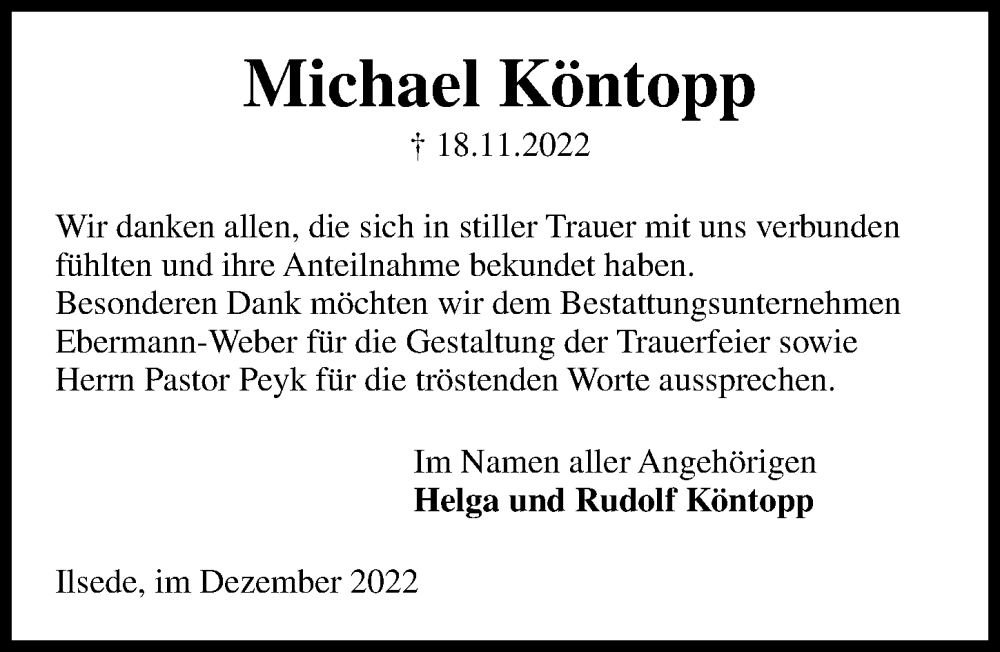  Traueranzeige für Michael Köntopp vom 10.12.2022 aus Peiner Allgemeine Zeitung