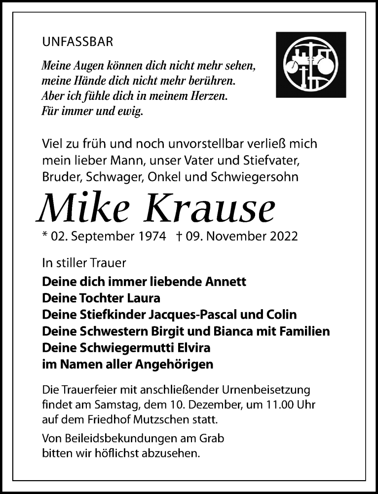  Traueranzeige für Mike Krause vom 03.12.2022 aus Leipziger Volkszeitung
