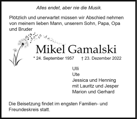 Traueranzeige von Mikel Gamalski von Kieler Nachrichten