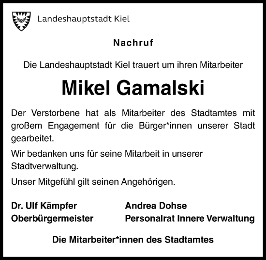 Traueranzeige von Mikel Gamalski von Kieler Nachrichten