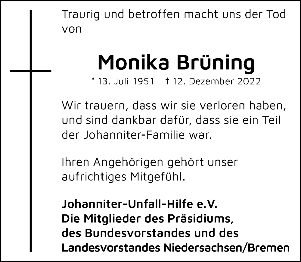  Traueranzeige für Monika Brüning vom 17.12.2022 aus Hannoversche Allgemeine Zeitung/Neue Presse
